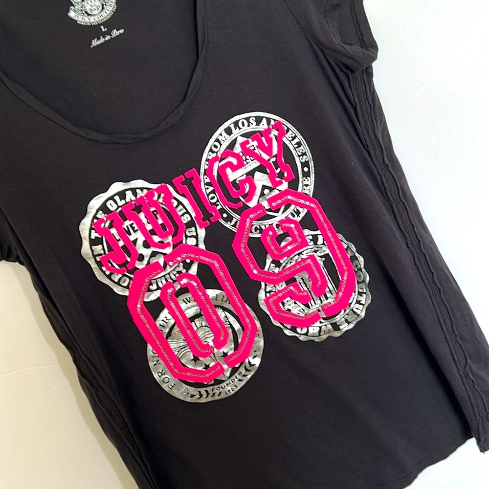 Vintage Juicy Couture Black Tee with Hot Pink Graphic and sequins